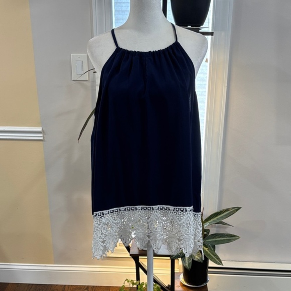No boundaries Navy Blue Halter Top with White Lace Hem size XL